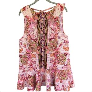 Free People Tulum Mini Dress Medium Pink Floral Linen Blend Sleeveless Popover